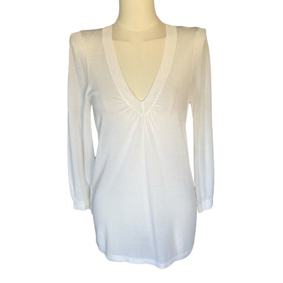 Ann Taylor White V-Neck 3/4-Sleeve Lightweight Sheer Pullover Top Women's Sz S - Picture 1 of 7